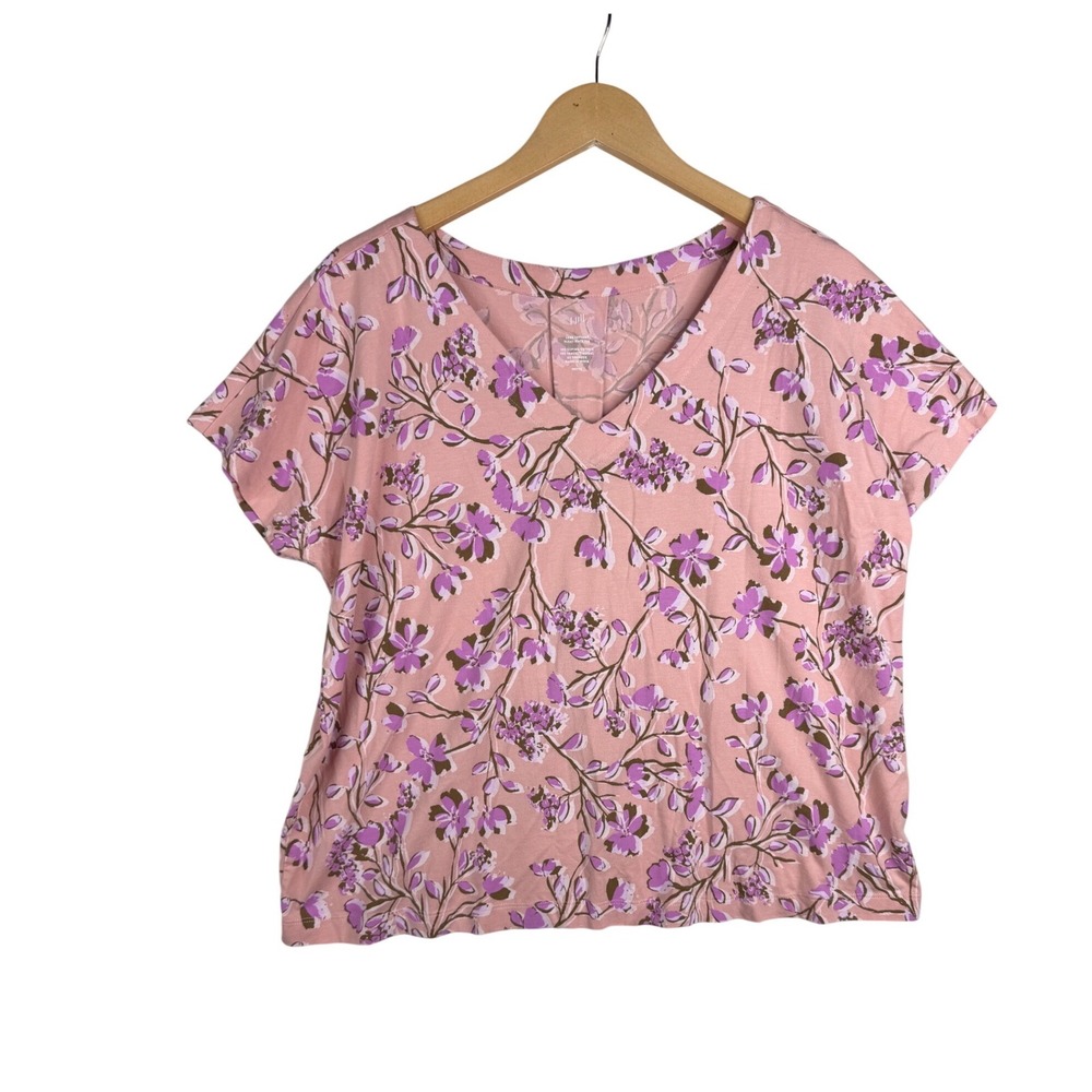 J. Jill Floral Luxe Supima Back Pleated Short Sleeve Tee size Large Petite Pink‎